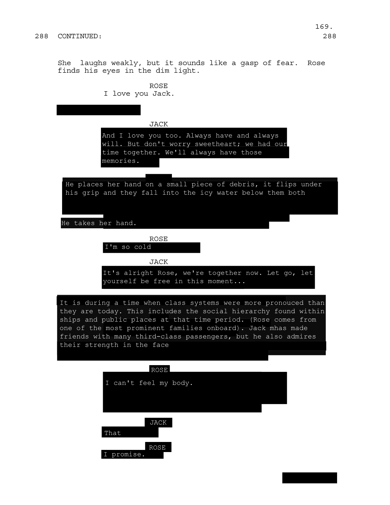 A Titanic screenplay page with text blacked out and rewritten