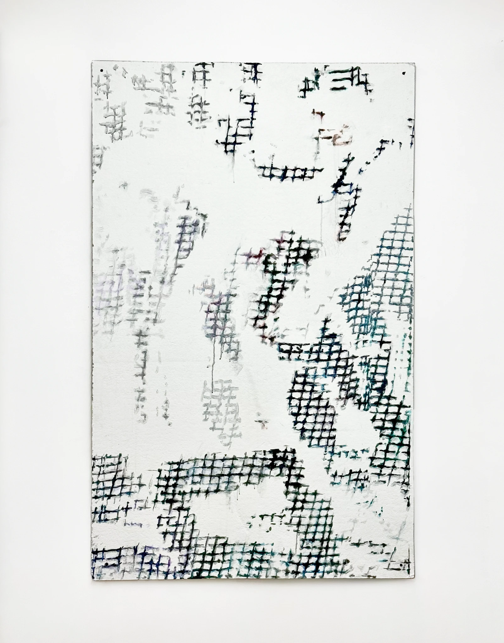 Gaps in Netted Mesh, a painting of dark loops across a pale surface